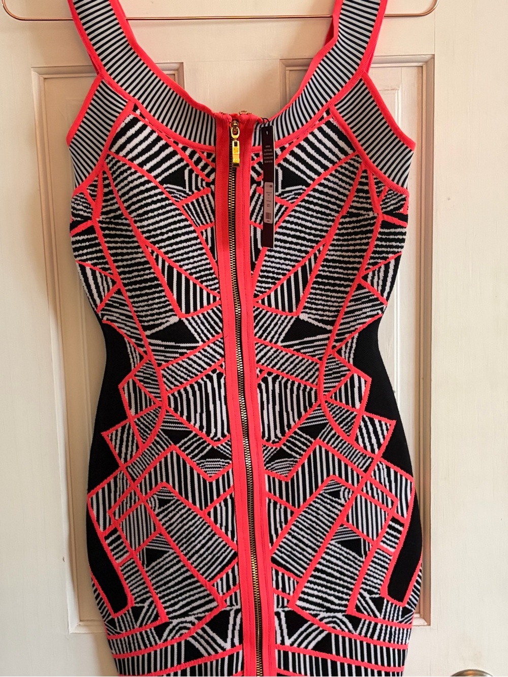 Fashion Nova Black White and Neon Pink Geometric Bodycon Mini Dress
